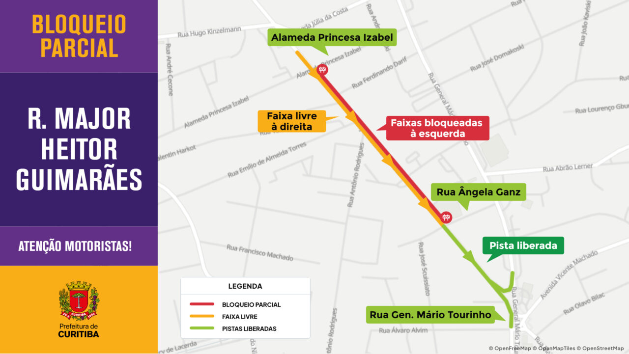 Rua Major Heitor Guimarães, em Curitiba, tem novo bloqueio para obras