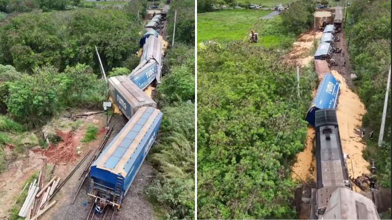 Trem de carga da Rumo descarrila em Limeira (SP), deixando vários vagões tombados